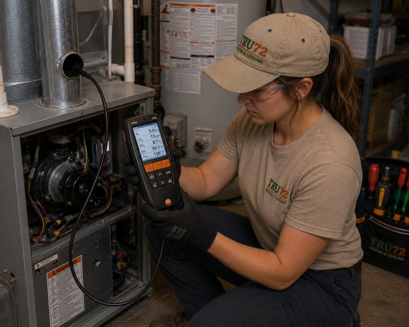 Tru72 technician servicing a residential gas furnace