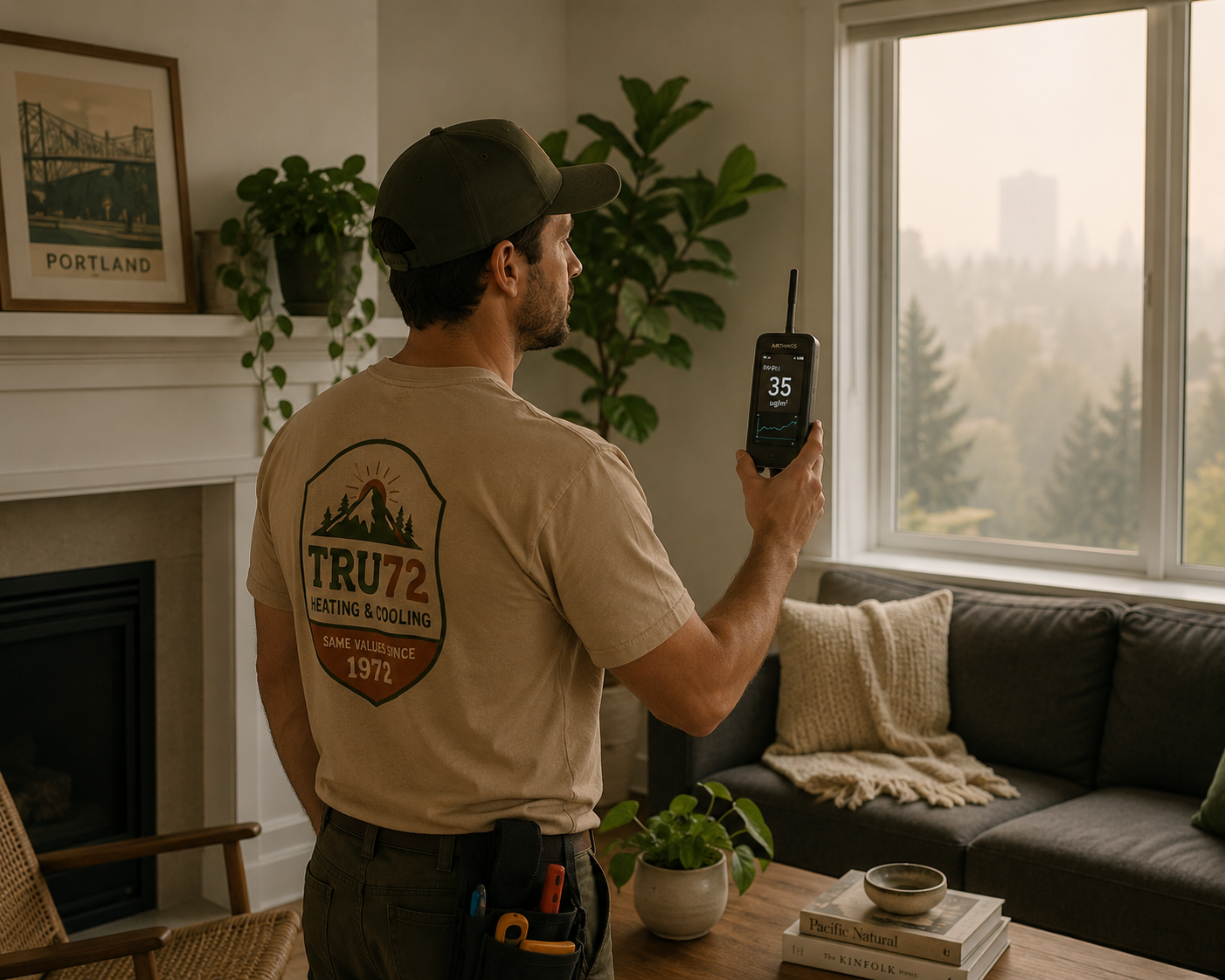 Tru72 technician running a home performance test in a Portland-area home